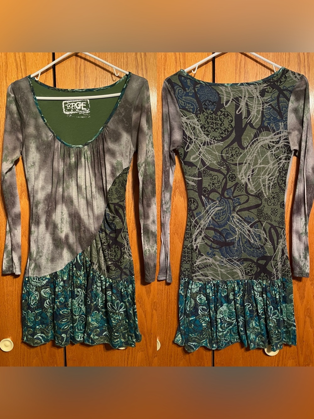 Erge Green & Teal Patchwork Ruffle Hem Long Sleeve Top